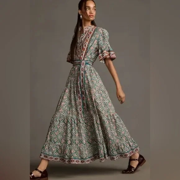 Anthropologie Sue Sartor Short-Sleeve Printed Midi Dress - Picture 1 of 9